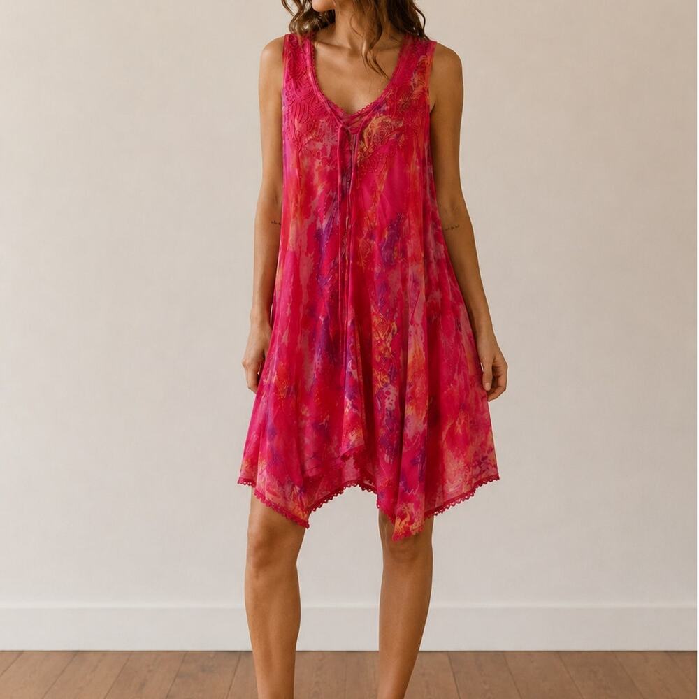 India Boutique Pink Tie Dye Mini Dress Embroidered Handkerchief Hem Boho XL